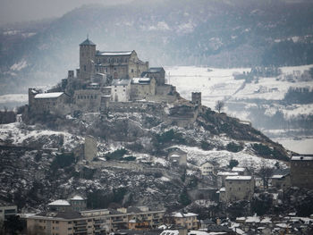 Aerial view of town against sky