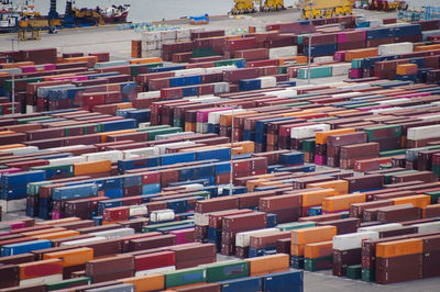 High angle view of cargo containers at commercial dock