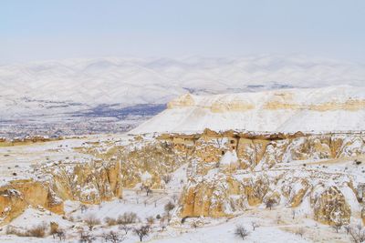 Snow covered landscape against sky