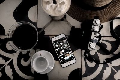 High angle view of coffee cup on table