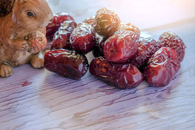 Close-up of fruits in plate on table