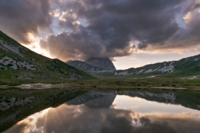 Scenic view of lake and mountains against sky