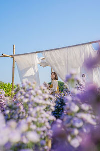 Asian woman relax and reading in flower garden on springtime vacation