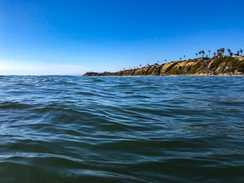 Encinitas coastline from water view surfing at swamis beach in encinitas in san diego, california