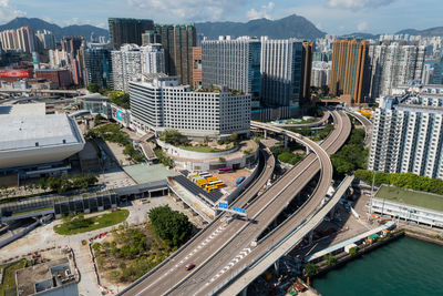 High angle view of buildings in city