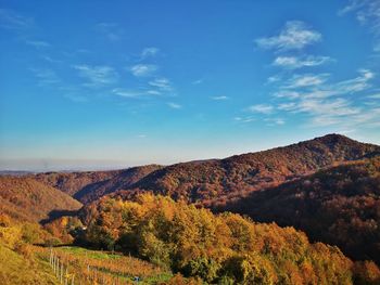 Scenic view of mountains against blue sky