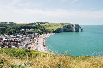 High angle view of cliff and beach at etretat