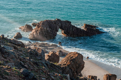 High angle view of rocks on beach