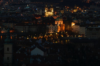 High angle view of illuminated buildings at night