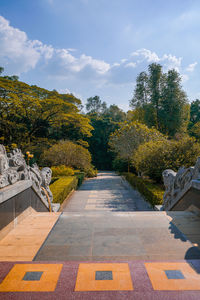 Footpath amidst plants in park against sky