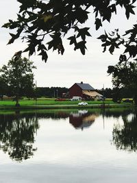 Scenic view of lake by building against sky