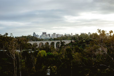 Trees and cityscape against sky