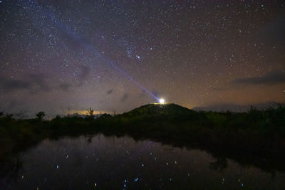 Scenic view of lake against star field at night