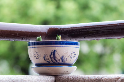 Close-up of water drops on metal railing