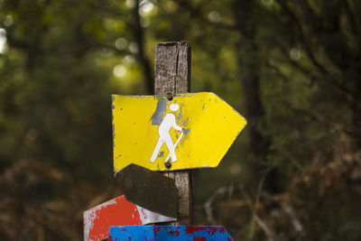 Close-up of yellow sign on wooden post