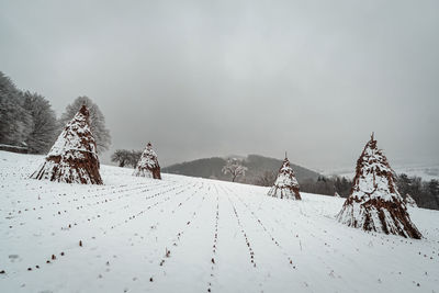 Scenic view of snow covered field against sky