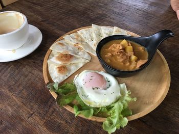 High angle view of breakfast served on table