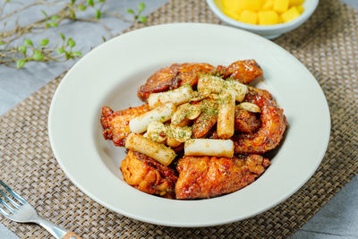 High angle view of food in plate on table