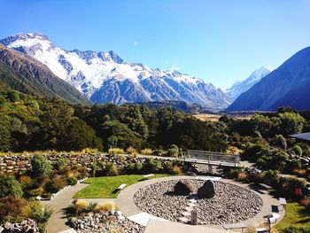 Scenic view of snowcapped mountains against clear sky