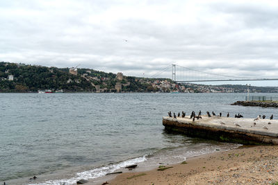 View of suspension bridge over sea