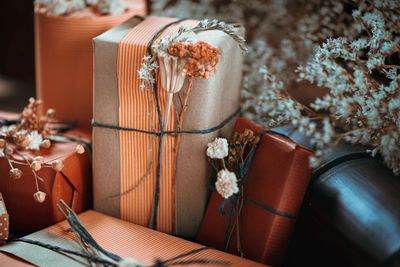 High angle view of christmas decoration in box