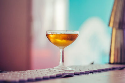 Close-up of beer glass on table