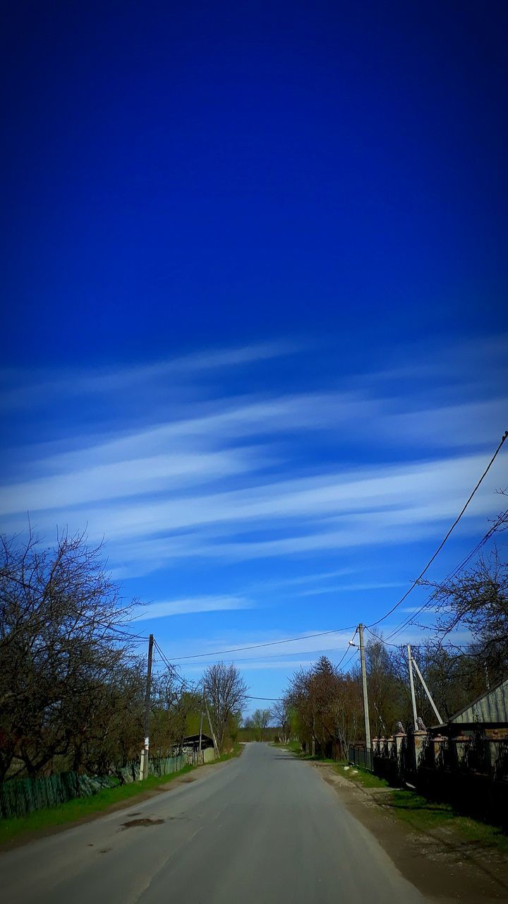 tree, road, blue, transportation, the way forward, sky, outdoors, no people, nature, tranquility, cloud - sky, scenics, day, beauty in nature