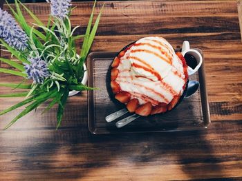 High angle view of dessert on table