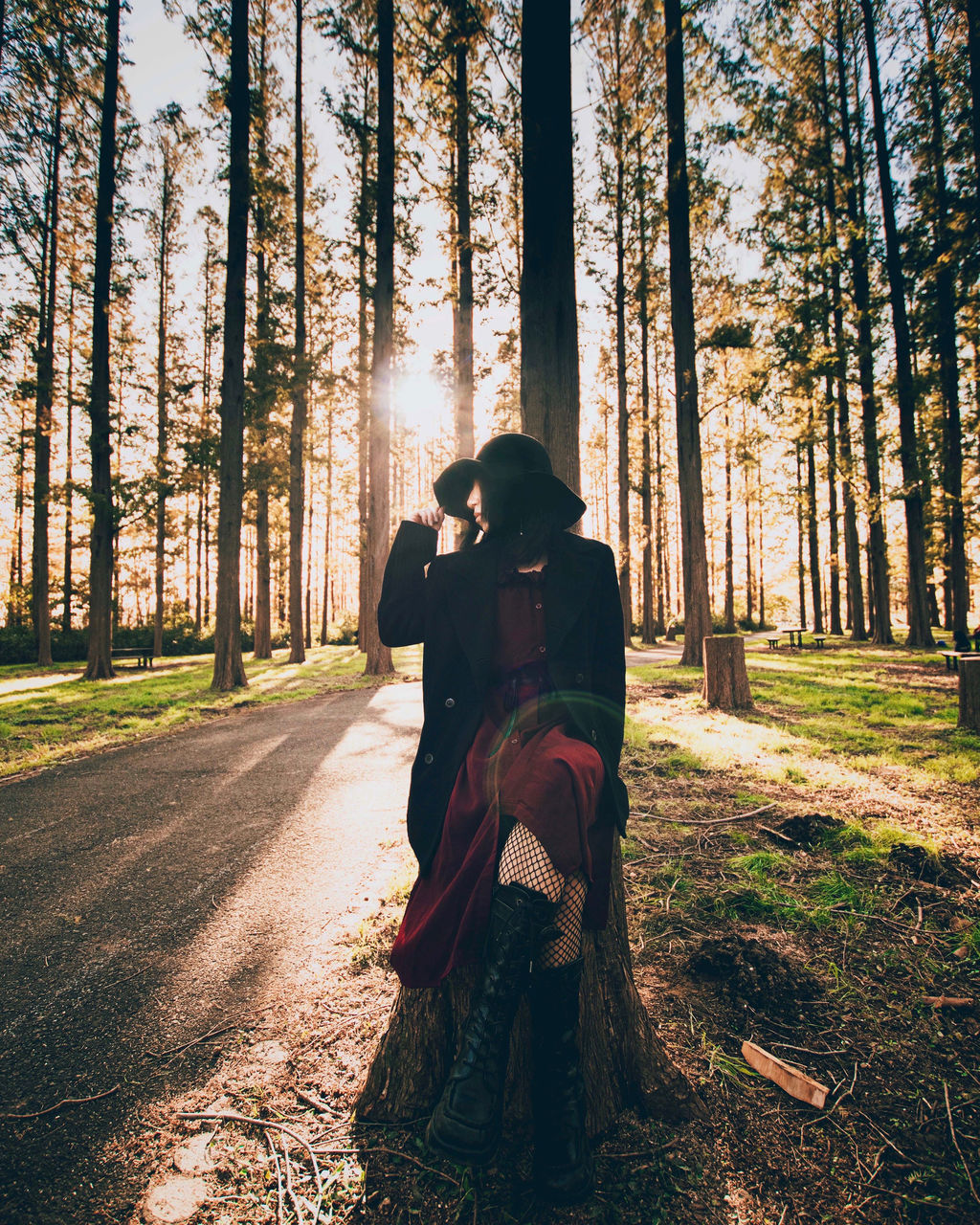 REAR VIEW OF WOMAN STANDING BY TREE TRUNKS