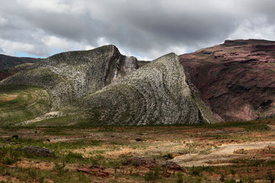 Scenic view of mountains against cloudy sky