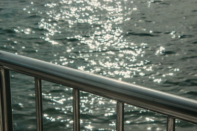 High angle view of sea seen through railing