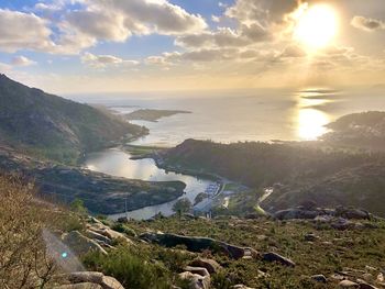 Scenic view of sea and mountains against sky