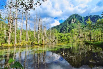 Scenic view of lake against cloudy sky