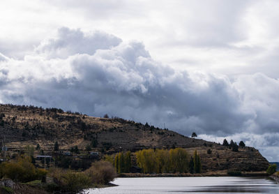 Scenic view of lake and mountain against cloudy sky