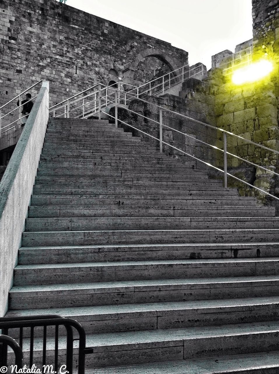 steps, steps and staircases, built structure, architecture, staircase, railing, low angle view, the way forward, building exterior, sunlight, clear sky, sky, outdoors, no people, day, stairs, sunbeam, diminishing perspective, lens flare, metal