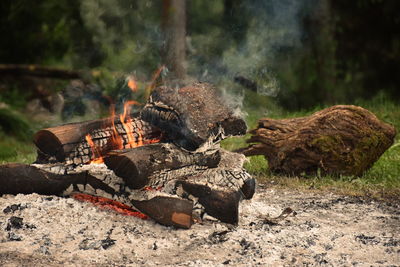 High angle view of bonfire on field