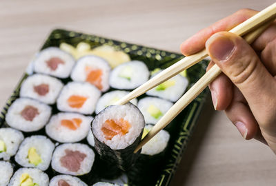 High angle view of sushi in tray