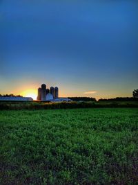 Scenic view of grassy field against clear blue sky