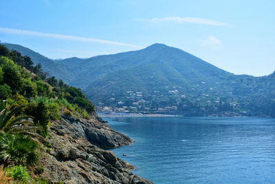 Scenic view of sea and mountains against sky