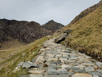 Footpath leading towards mountains against clear sky