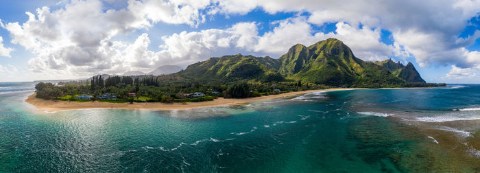 Aerial panoramic image off the coast over tunnels beach on hawaiian island of kauai 