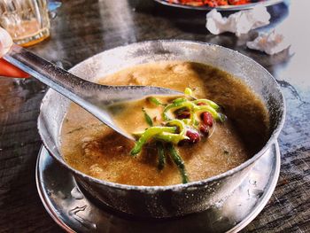 High angle view of soup in bowl