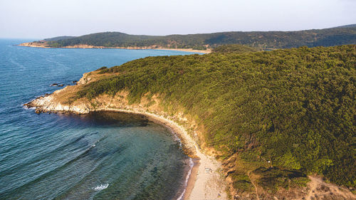 High angle view of bay against sky