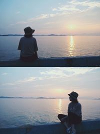 Man sitting by sea against sky during sunset