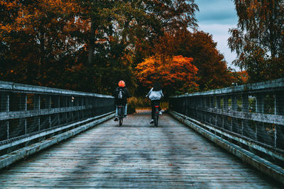 Rear view of people walking on footbridge