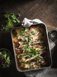 High angle view of pizza on table