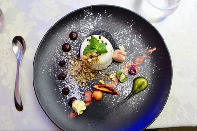 High angle view of dessert in plate on table