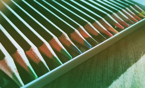 Close-up of multi colored pencils on table