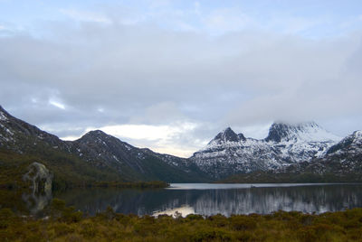 Scenic view of lake against cloudy sky