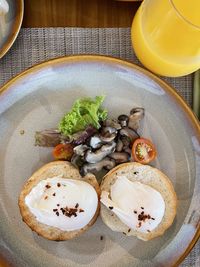 High angle view of breakfast served on table